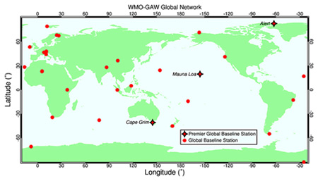 Global Map of Atmospheric Gas Observing Stations
